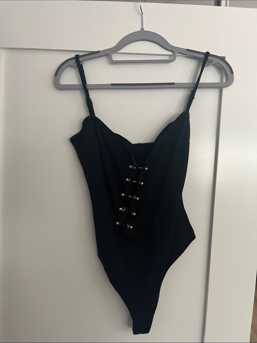 Black Gold-Button Corset-Style Bodysuit - Women